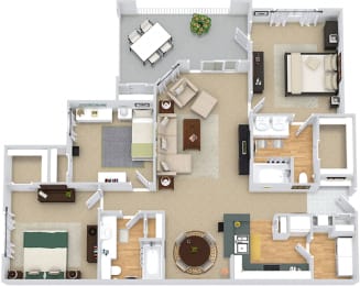 weatherfield 3D. 3 bedroom apartment. Kitchen with bartop open to living/dinning rooms. 2 full bathrooms, double vanity in master. Walk-in closets. Patio/balcony.