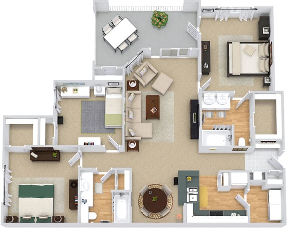 weatherfield 3D. 3 bedroom apartment. Kitchen with bartop open to living/dinning rooms. 2 full bathrooms, double vanity in master. Walk-in closets. Patio/balcony.