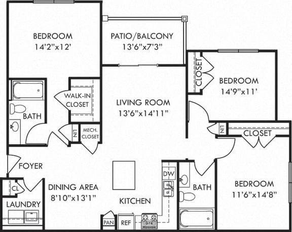 Sandpiper. 3 bedroom apartment. Kitchen with island open to living/dinning rooms. 2 full bathroom. Walk-in closets. Patio/balcony.