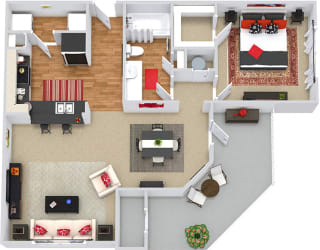 Cade 3D 1 bedroom apartment. Kitchen with bartop open to living & dining rooms. 1 full bathroom. Walk-in closet. Patio/balcony with storage.