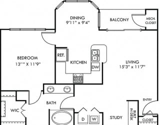 Lyndon 1 bedroom apartment. Kitchen with bartop open to living room and dining room with bay window. 1 full bath with double vanity. large walk-in closet. patio/balcony.