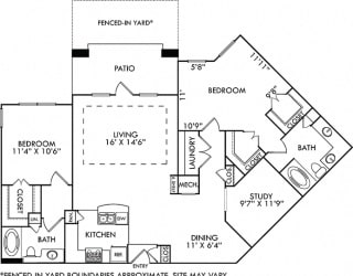 The Seoul with Fenced-in Yard. 2 bedroom apartment. Kitchen with bartop open to living/dining rooms. Study room. 2 full bathrooms, double vanity in master. Walk-in closets. Patio/balcony open to yard