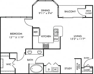 Lyndon 1 bedroom apartment. Kitchen with bartop open to living room and dining room with bay window. 1 full bath with double vanity. large walk-in closet. patio/balcony.
