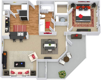 Cade 3D 1 bedroom apartment. Kitchen with bartop open to living & dining rooms. 1 full bathroom. Walk-in closet. Patio/balcony with storage.