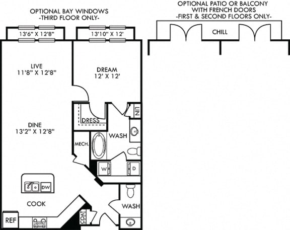 Holly. 1 bedroom apartment. Kitchen with island open to living/dinning rooms. 1 full bathroom + 1 half bathroom. Walk-in closet. Optional Patio/balcony.