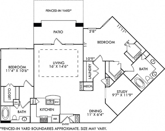 The Seoul with Fenced-in Yard. 2 bedroom apartment. Kitchen with bartop open to living/dining rooms. Study room. 2 full bathrooms, double vanity in master. Walk-in closets. Patio/balcony open to yard