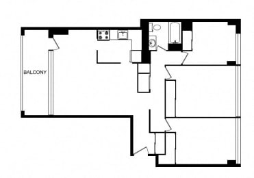 Three bedroom, one bathroom apartment layout at Main Square in Toronto, ON