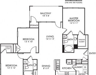 Willow. 3 bedroom apartment. Kitchen with bartop open to living/dinning rooms. 2 full bathrooms. Walk-in closets. Patio/balcony with storage.