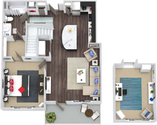 Apex Loft 3D. 1 bedroom apartment with stairs to loft. Kitchen with island open to living room. 1 full bathroom. Walk-in closet. Patio/balcony.