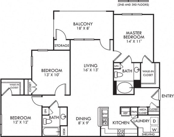 Willow. 3 bedroom apartment. Kitchen with bartop open to living/dinning rooms. 2 full bathrooms. Walk-in closets. Patio/balcony with storage.