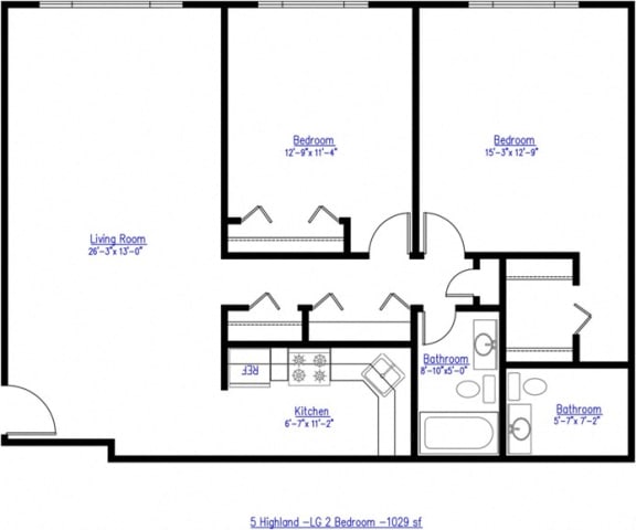 2 bed 1.5 bath Floor Plan at Five High, West Hartford, Connecticut