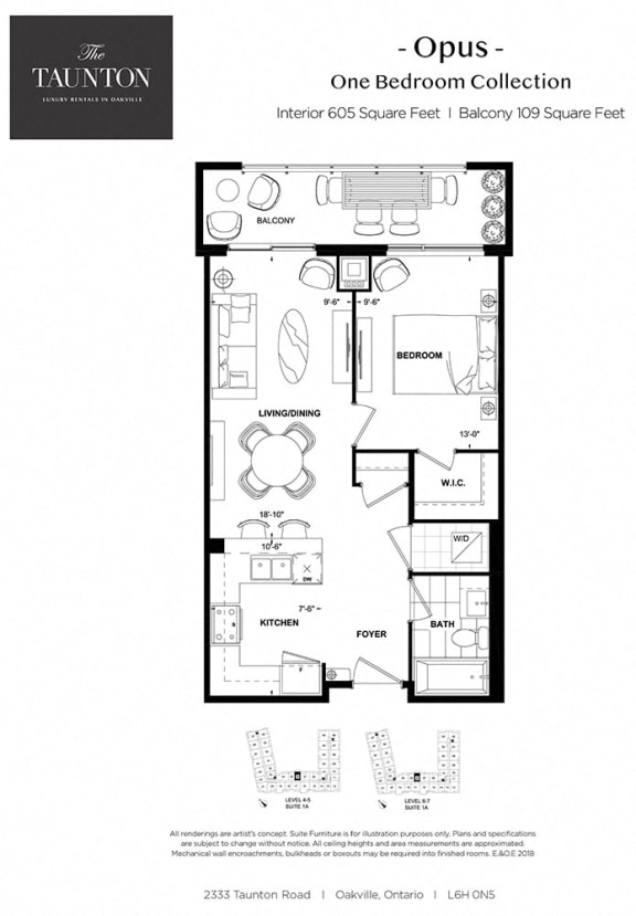 One bedroom, one bathroom apartment layout at The Taunton in Oakville, ON