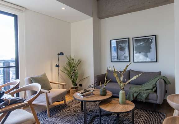 A living room with a grey couch, a wooden table, and a potted plant.