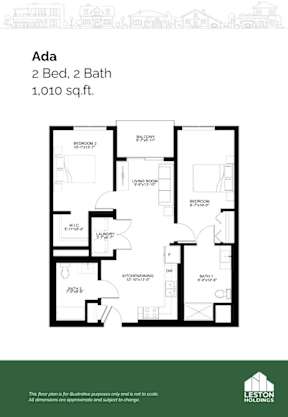 A floor plan for a two bedroom, two bath house that is 1,010 sq.ft.