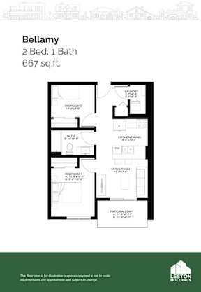 A floor plan for a 2 Bed, 1 Bath apartment.