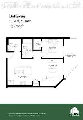 A floor plan for a property called Bellevue with one bed and one bath.