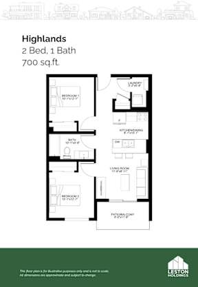 A floor plan for a 2 Bed, 1 Bath apartment sized 700 sq.ft.