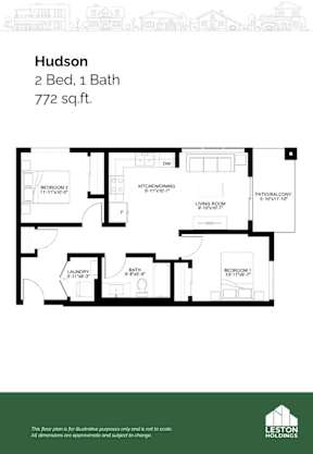 A floor plan for a 2 Bed, 1 Bath apartment.