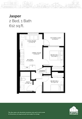 A floor plan for a property called Jasper with 2 beds and a bath.