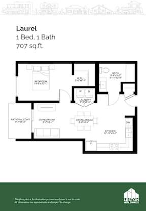 A floor plan for a property called Laurel, which is 707 sq.ft. and includes one bed and one bath.