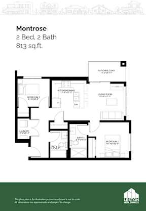 A floor plan for a two bedroom, two bathroom apartment sized at 813 square feet.