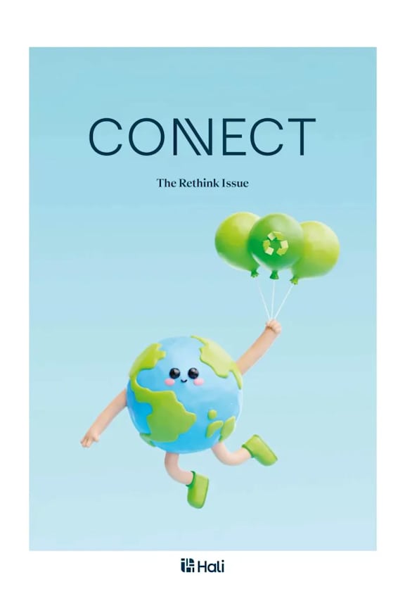 A poster with the title "CONNECT" and the subtitle "The Rethink Issue" featuring a cartoon Earth character holding balloons.