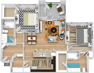 Medina 3D. 2 bedroom apartment. Kitchen with island open to living/dinning rooms. 2 full bathrooms, double vanity in master. Walk-in closets. Patio/balcony.