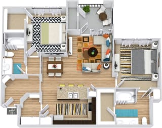 Medina 3D. 2 bedroom apartment. Kitchen with island open to living/dinning rooms. 2 full bathrooms, double vanity in master. Walk-in closets. Patio/balcony.