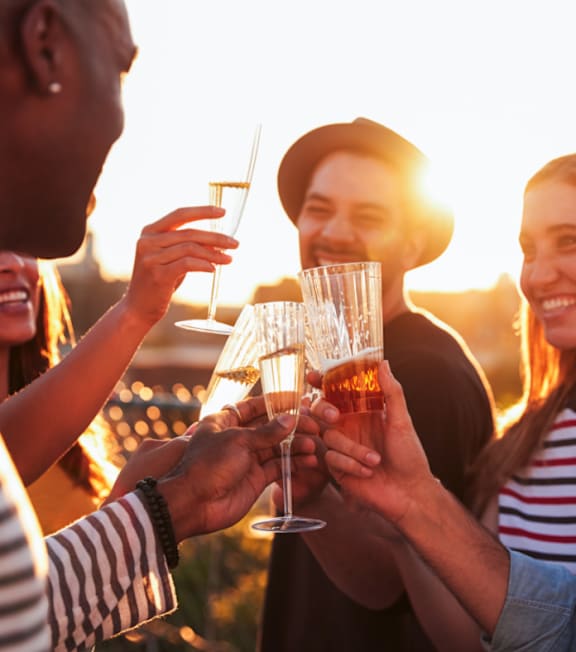 A group of people toasting with champagne glasses at sunset.