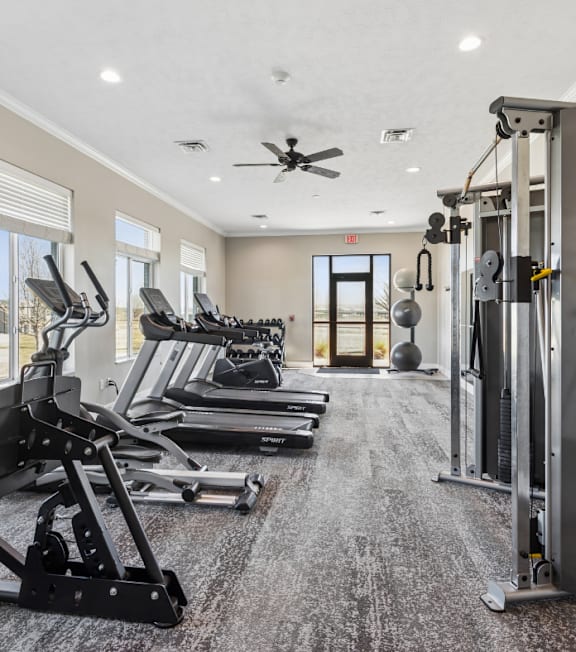 A gym with a variety of equipment including treadmills, weights, and a ceiling fan.