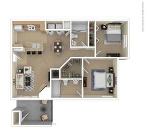 A floor plan of a house with a kitchen, living room, dining room, and bathrooms.