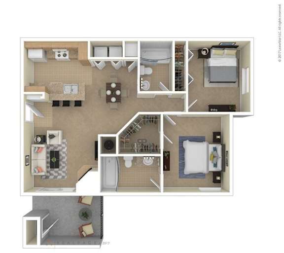 A floor plan of a house with a kitchen, living room, dining room, and bathrooms.