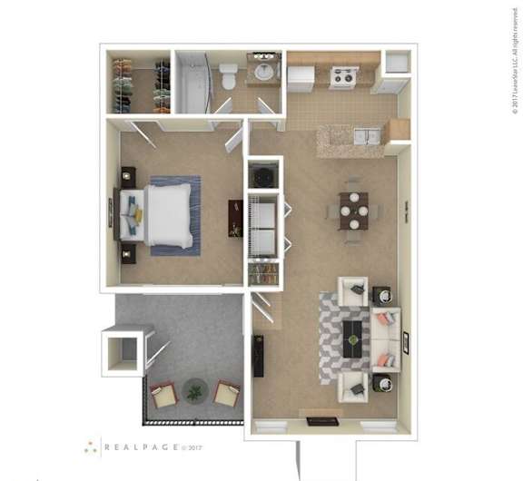 A floor plan of a small apartment with a living room, kitchen, and bathroom.