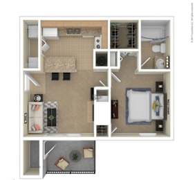 A floor plan of a small apartment with a kitchen, living room, and bathroom.