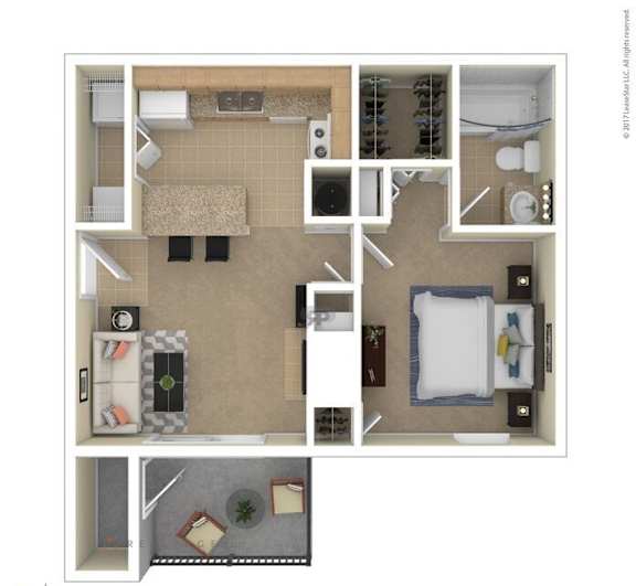 A floor plan of a small apartment with a kitchen, living room, and bathroom.