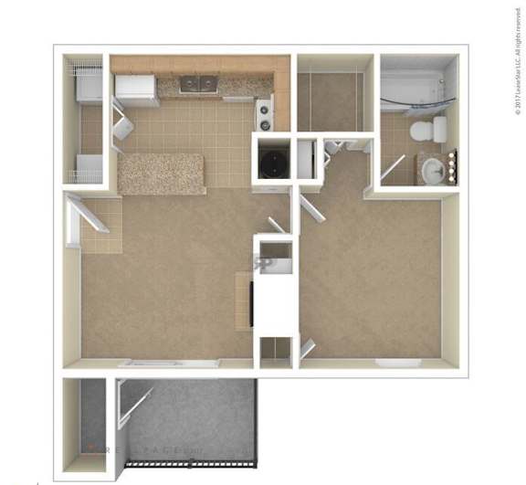 A floor plan of a small apartment with a kitchen, living room, and bathroom.