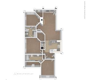 A floor plan of a building with multiple rooms and a kitchen area.