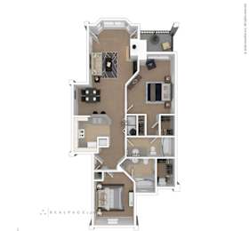 A floor plan of a two-story apartment with a living room, kitchen, and multiple bedrooms.
