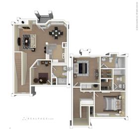 A floor plan of an apartment complex with two bedrooms, two bathrooms, a living room, a kitchen, and a dining room.