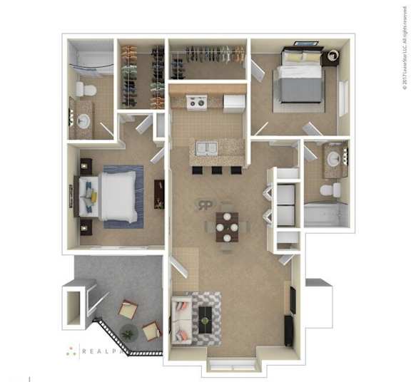 A floor plan of a house with a living room, two bedrooms, a bathroom, and a kitchen.
