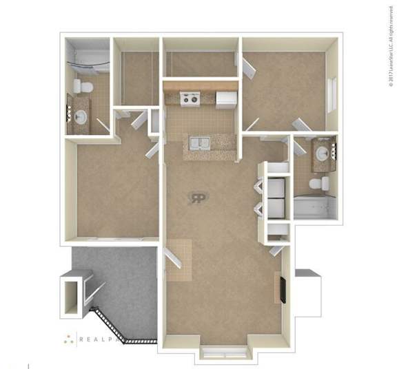 A floor plan of a house with a kitchen, living room, and two bathrooms.