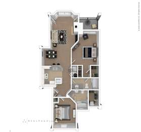 A floor plan of a two-story apartment with a living room, kitchen, and multiple bedrooms.