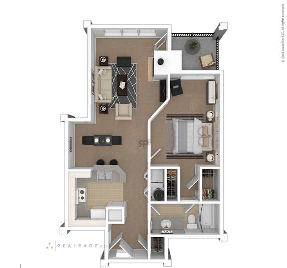 A floor plan of a two-story apartment with a living room, kitchen, and two bedrooms.