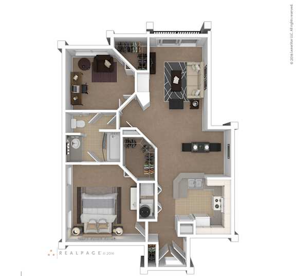 A floor plan of a two-story apartment with a living room, kitchen, and bedrooms.