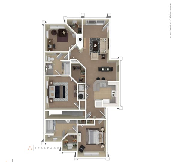 A floor plan of a multi-level apartment with various rooms and furniture layouts.