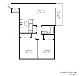 2 bedroom floor plan | 686 Sq. Ft. at Duet on Wilcox, Los Angeles, 90028