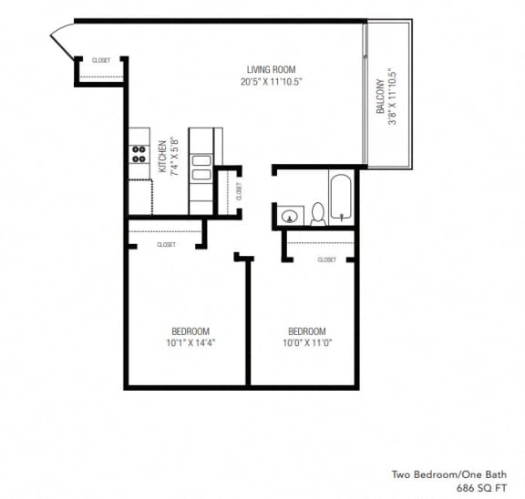 2 bedroom floor plan at Duet on Wilcox, Los Angeles, 90028