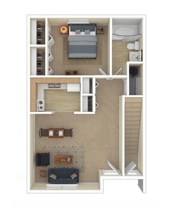 a stylized floor plan with a bedroom and a bathroom