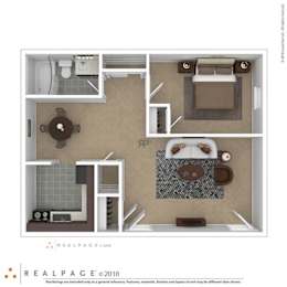 3D Floor Plan of a 1-bedroom apartment at North Village Apartments