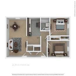 3D Floor Plan of a 2-bedroom apartment at North Village Apartments
